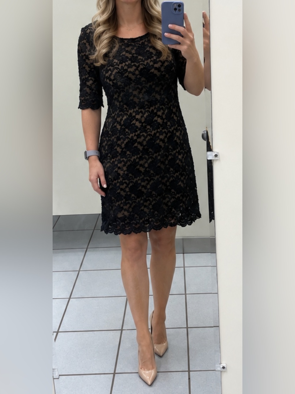 Connected Apparel Black Lace Overlay Midi Dress with Nude Lining. Size medium.